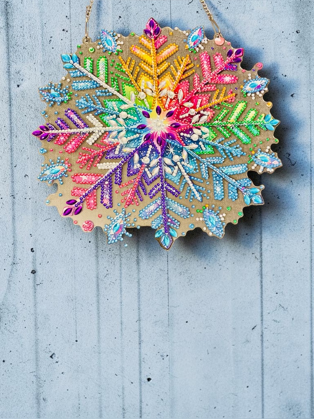 Snowflake Hanging Sign Wall Decor Hand Crafted Sealed Diamond Art 7” - Picture 2 of 2